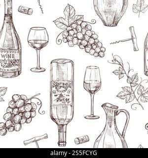 Sketch wine seamless pattern. Wine bottles wineglass corkscrew and grape. Winery, restaurant vector menu texture. Illustration of alcohol drink wine, sketch pattern with bottle. Sketch wine seamless pattern. Wine bottles wineglass corkscrew and grape. Winery, restaurant vector menu texture Stock Vector