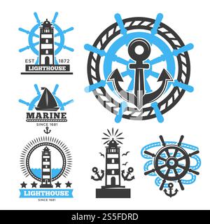 Marine and nautical logo templates or heraldic symbols. Vector isolated icons of ship anchor, helm and captain spyglass, sailing lighthouse or life buoy and sailboat trident or seafarer compass. Marine and nautical logo templates or heraldic symbols. Stock Vector
