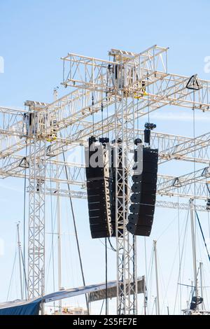 Large outdoor concert stage with truss, LED lights, speakers, and ...