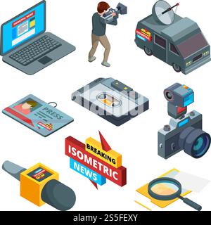 Breaking news symbols. Isometric pictures of writers videographers and journalists. Breaking news and media tv, press journalist. Vector illustration. Breaking news symbols. Isometric pictures of writers videographers and journalists Stock Vector