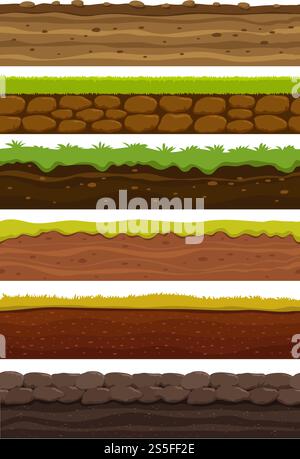 Cartoon seamless grounds. Wide landscape ground. Land and soil for ui game vector collection. Illustration of ground soil, seamless horizontal interface. Cartoon seamless grounds. Wide landscape ground. Land and soil for ui game vector collection Stock Vector