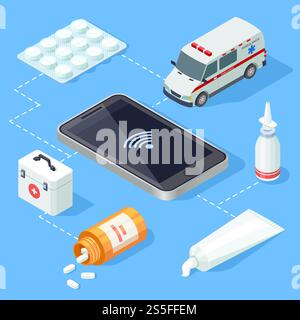 Online medical app for first aid 3d isometric collection vector illustration. Online medical app for first aid isometric vector Stock Vector