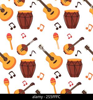 Musical instruments flat icons seamless pattern. Vector isolated set of orchestra harp and rock or banjo guitar, piano music notes and drums or percussion, maracas and flute with saxophone or trumpet bass. Musical instruments flat icons seamless pattern. Vector isolated Stock Vector