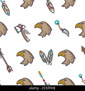 Native American Indians traditional culture symbols pattern background. Vector seamless design of Indigenous household and tribal icons wigwam hut, tomahawk weapon tools and smoking pipe. Native American Indians traditional culture symbols pattern background. Stock Vector