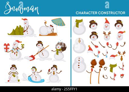 Snowman character construction winter holiday and Christmas design vector man made of balls of snow wearing traditional Santa Claus hat having carrot nose working with shovel presents in hands.. Snowman character construction winter holiday and Christmas design Stock Vector