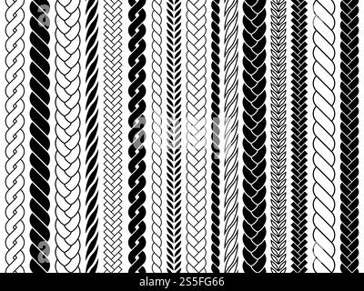 Plaits and braids pattern brushes. Knitting, braided ropes vector isolated collection. Braid pattern decoration, fabric textile ornament illustration. Plaits and braids pattern brushes. Knitting, braided ropes vector isolated collection Stock Vector