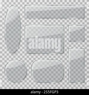 Transparent glass buttons. Plastic glossy clear plates. Shiny glass rectangular and round textures isolated vector set. Frame glass plastic and panel glossy framework illustration. Transparent glass buttons. Plastic glossy clear plates. Shiny glass rectangular and round textures isolated vector set Stock Vector