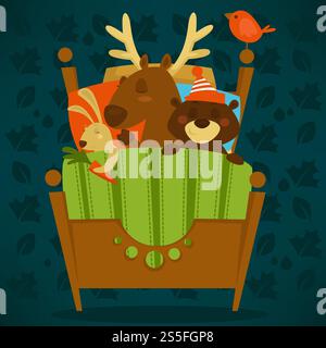 Animals sleeping in bed fairytale pets asleep set vector. Bunny holding carrot in paw, reindeer with horn. Calm mammals, lying under warm blanket together. Cute cartoon illustration.. Animals sleeping in bed fairytale pets asleep set vector. Stock Vector