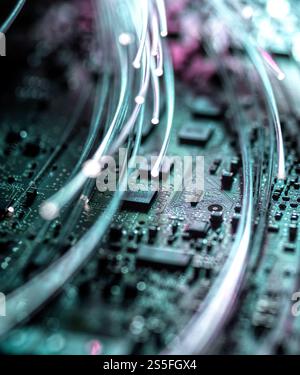 Fibre optics carrying data at speed to a computer Stock Photo