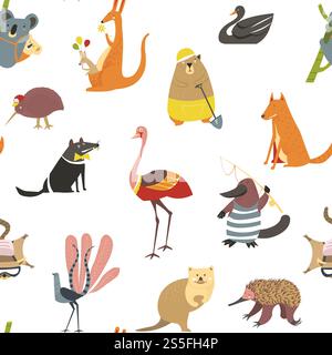 Exotic animals, koala with baby sitting on bamboo branch seamless pattern isolated on white. Fox and wolf wildlife mammals with fur, flamingo and bear vector. Black swan bird and kangaroo with balloons. Exotic animals, koala with baby sitting on bamboo branch seamless pattern isolated on white. Stock Vector