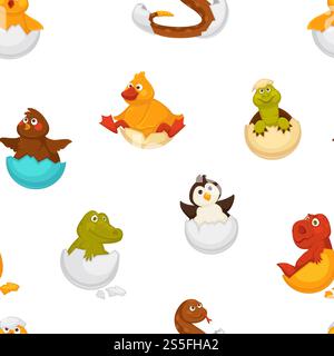 Animals born from eggs, eggshells and reptiles seamless pattern vector. Fluffy chicken, penguin and dragon, snake and alligator sitting in shell. Small newborn creatures , serpent and hen hatching. Animals born from eggs, eggshells and reptiles seamless pattern vector. Stock Vector