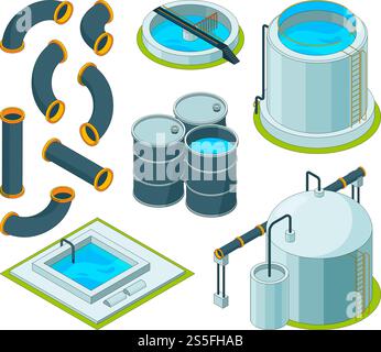 Water purification. Treatment watering cleaning system chemical laboratory vector isometric icons. Illustration of purification isometric system, reservoir tank water. Water purification. Treatment watering cleaning system chemical laboratory vector isometric icons Stock Vector