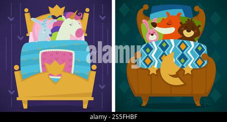 Animals sleeping in bed fairytale pets asleep set vector. Fox and bear, unicorn and rabbit hare. Calm mammals, lying under warm blanket together. Cute cartoon illustration.. Animals sleeping in bed fairytale pets asleep set vector. Stock Vector