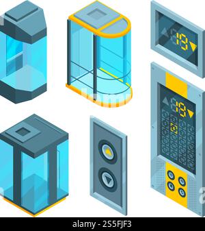 Isometric pictures set of glass elevators with steel buttons. Vector elevator fot hotel, lift indoor stainless illustration. Isometric pictures set of glass elevators with steel buttons Stock Vector