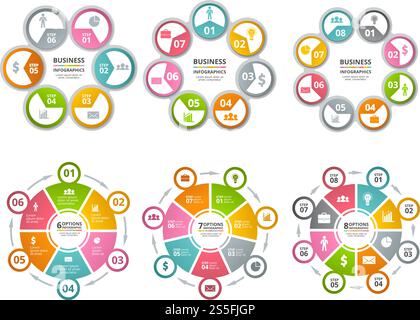 Circle shapes for infographics. Business radial charts. Vector radial diagram and chart step illustration. Circle shapes for infographics. Business radial charts Stock Vector