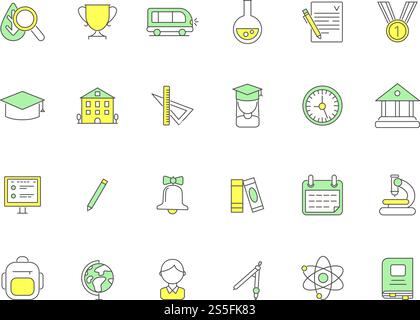 Colored school icons. Vector symbols of science. Illustration of school educational, study and lesson, globe and bell. Colored school icons. Vector symbols of science Stock Vector