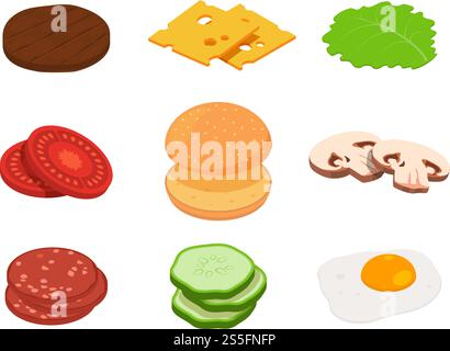 Burger isometric. Constructor of burger with different ingredients. Burger hamburger, sandwich american isometric. Vector illustration. Burger isometric. Constructor of burger with different ingredients Stock Vector