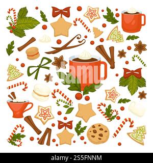 Merry Christmas winter holiday concept symbolic images. Wreath and gingerbread cookies in form of pine and star. Cinnamon and chocolate, cup with hot beverage, coffee and candies mistletoe. Merry Christmas winter holiday concept symbolic images. Stock Vector