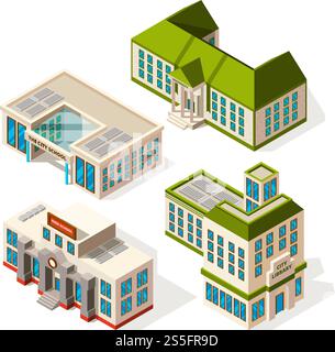School buildings. Isometric 3d pictures of school or institute buildings. Vector building isometric, school architecture, university college house illustration. School buildings. Isometric 3d pictures of school or institute buildings Stock Vector