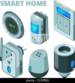 Smart house equipment. Movement sensors electric socket security cam vector isometric pictures. Illustration of home technology automation, panel supply, thermometer and switch. Smart house equipment. Movement sensors electric socket security cam vector isometric pictures Stock Vector