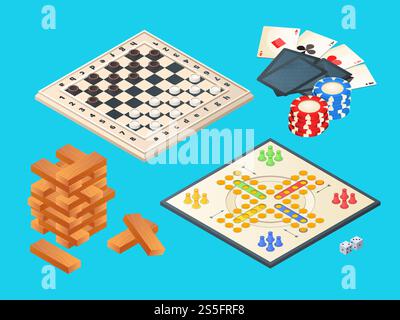 Board games. Vector isometric pictures of various boards games. Table game, block pyramid, checkers and play cards illustration. Board games. Vector isometric pictures of various boards games Stock Vector