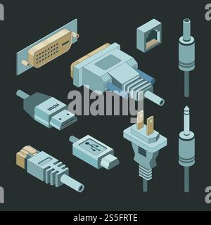 Plug connectors. Vga hand drawnmi video cable electricity power usb port socket adapters vector isometric. Illustration of usb plug with cable connect. Plug connectors. Vga hand drawnmi video cable electricity power usb port socket adapters vector isometric Stock Vector