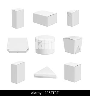 White packages. Realistic template of empty packs. Vector pack and package, packaging box cardboard illustration. White packages. Realistic template of empty packs Stock Vector