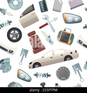 Car tools pattern. Mechanic details of automobile isolated parts engine wheel transmission door body vector cartoon seamless pictures. Car repair pattern with tools and gear auto illustration. Car tools pattern. Mechanic details of automobile isolated parts engine wheel transmission door body vector cartoon seamless pictures Stock Vector