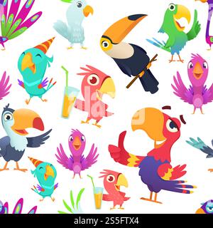 Parrots pattern. Toucan tropical colored birds summer exotic seamless vector illustrations in cartoon style. Exotic bird parrot, macaw and toucan. Parrots pattern. Toucan tropical colored birds summer exotic seamless vector illustrations in cartoon style Stock Vector