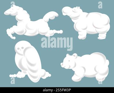 Silhouettes of clouds in shape of animals in motion vector form of running horse equine print hippopotamus hippo with rhinoceros and owl bird sitting on branch formation of air at sky of summer day.. Silhouettes of clouds in shape of animals in motion Stock Vector