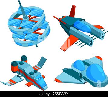 Spaceships isometric. Building technology of various types of ships cargo warship bomber and aerial 3d vector low poly spaceships isolated. Illustration of spaceship and rocketship transport isometric. Spaceships isometric. Building technology of various types of ships cargo warship bomber and aerial 3d vector low poly spaceships isolated Stock Vector