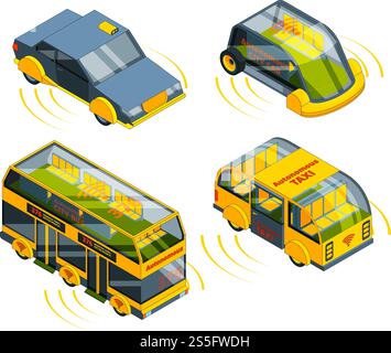 Future unmanned vehicle. Autonomous transport cars buses trucks and trains self control automotive robots system vector isometric. Illustration of auto transport automated collection. Future unmanned vehicle. Autonomous transport cars buses trucks and trains self control automotive robots system vector isometric Stock Vector