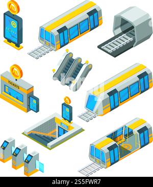 Subway metro elements. Entrance electric gates and signs train tunnel with escalator modern subway station isometric vector 3d pictures. Train metro, subway transport, urban traffic illustration. Subway metro elements. Entrance electric gates and signs train tunnel with escalator modern subway station isometric vector 3d pictures Stock Vector