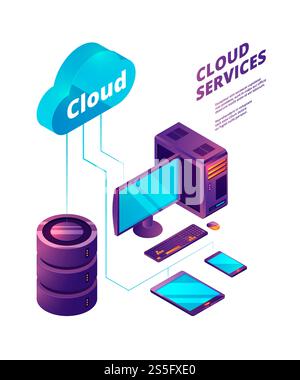 Cloud services 3d. Online safety computer technologies cloud connection gadgets pc smartphone laptop server vector isometric concept. Cloud data and database isometric computer illustration. Cloud services 3d. Online safety computer technologies cloud connection gadgets pc smartphone laptop server vector isometric concept Stock Vector