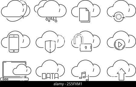 Cloud computing icons. Secure web online storage with private information internet ftp infrastructure connected vector symbols. Illustration of web cloud data storage, network computing information. Cloud computing icons. Secure web online storage with private information internet ftp infrastructure connected vector symbols Stock Vector