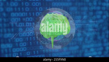 Image of key icon, human brain, binary coding and data processing Stock Photo