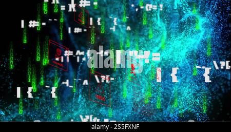 Image of malware text with skull and bones, binary coding and data processing Stock Photo