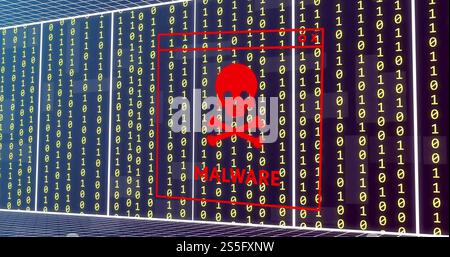 Image of malware text with skull and bones, binary coding and data processing over ai screens Stock Photo