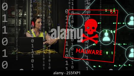 Image of malware text, binary coding and caucasian female it engineer by computer servers Stock Photo