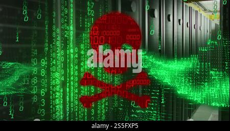 Image of skull and bones, binary coding and data processing over computer servers Stock Photo