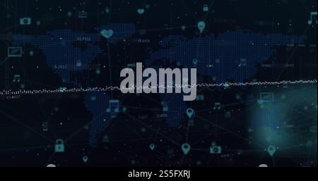 Image of molecules over glowing blue grid Stock Photo