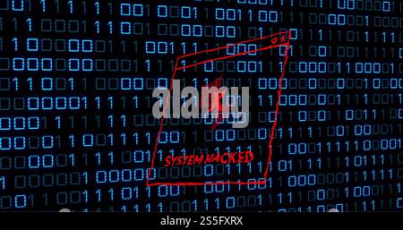 Image of binary coding and data processing over system hacked text Stock Photo