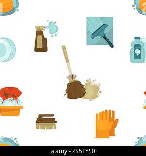 Cleaning service, tools and instruments seamless pattern vector. Chores gloves and liquid to wash plates poured in plastic bottle. Vacuuming and hoovering, mopping floor with duster and mop.. Cleaning service, tools and instruments seamless pattern vector Stock Vector
