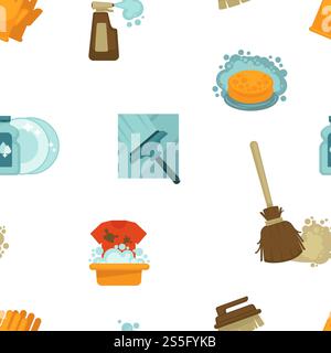 Cleaning service, tools and instruments seamless pattern vector. Chores gloves and liquid to wash plates poured in plastic bottle. Vacuuming and hoovering, mopping floor with duster and mop.. Cleaning service, tools and instruments seamless pattern vector Stock Vector