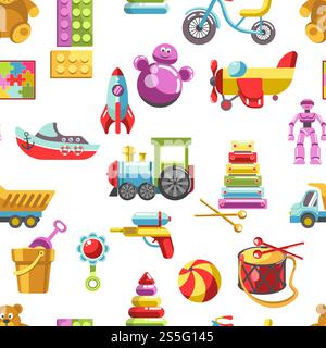 Kid toys vector icons seamless pattern. Children playthings set for kindergarten girls and boys. Flat teddy bear, pyramid and bicycle, rocket, ball and train. Kid toys vector icons seamless pattern. Children playthings set Stock Vector
