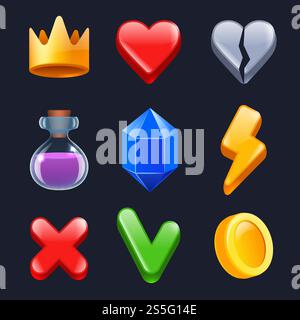 Game ui kit. Clever stars lock gold buttons colored items for web interface vector stylized icons. Illustration of star and diamond, web button for game. Game ui kit. Clever stars lock gold buttons colored items for web interface vector stylized icons Stock Vector