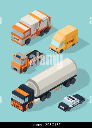 Urban vehicle isometric. Transportation city cars gas service fuel truck, trailer van bus vector 3d traffic pictures. Illustration of automobile and machine gas tank, trailer and police. Urban vehicle isometric. Transportation city cars gas service fuel truck, trailer van bus vector 3d traffic pictures Stock Vector