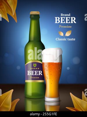 Beer alcohol poster. Drink bottles and glasses beer advertizing background of beverages retail vector image product. Mug beer and bottle glass, drink alcohol beverage illustration. Beer alcohol poster. Drink bottles and glasses beer advertizing background of beverages retail vector image product Stock Vector
