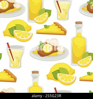 Lemon and lemonade, oil in glass bottle seamless pattern isolated on white background vector. Food, refreshing fruit, citrus with sour taste. Ice cream with flavor, drink with slices and straw. Lemon and lemonade, oil in glass bottle seamless pattern isolated on white background vector. Stock Vector