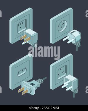 Electrical supplies type. Electric switch breaker home insulation energy plugs vector isometric pictures. Illustration of socket plug, connection electrical. Electrical supplies type. Electric switch breaker home insulation energy plugs vector isometric pictures Stock Vector